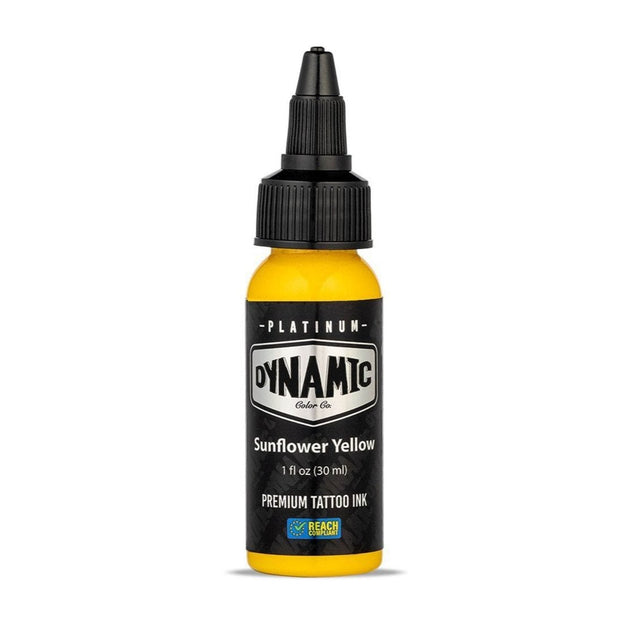 Imagen de Tinta Dynamic Platinum Sunflower Yellow 30 ml disponible en Viking Tattoo Shop, insumos de alta calidad para tatuadores.