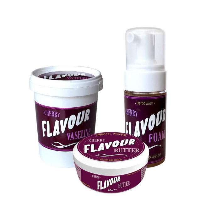 Imagen de alta calidad de FLAVOUR TATTOO Butter 200ml + Vaseline 500ml + Foam 110ml CHERRY en Viking Tattoo Shop, ideal para tatuadores exigentes.