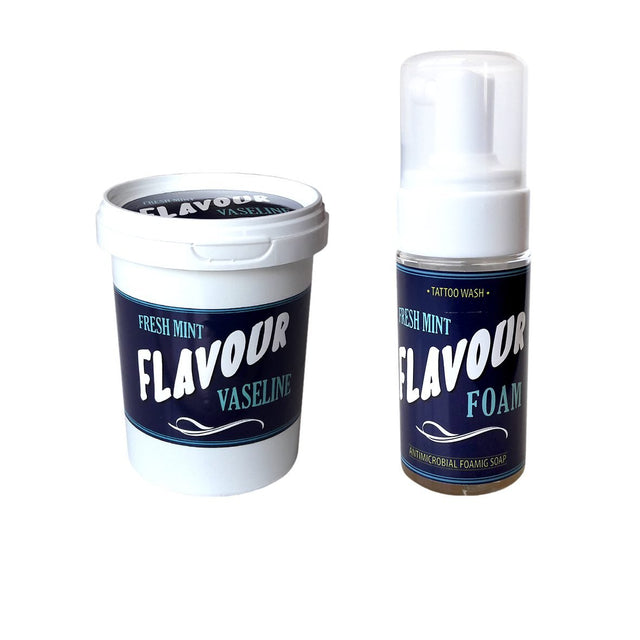 Imagen de FLAVOUR TATTOO Vaseline 500ml + Foam 110ml FRESHMINT disponible en Viking Tattoo Shop, insumos de alta calidad para tatuadores.